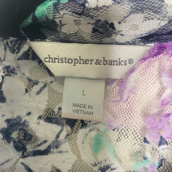 Christopher & Banks Button Up Sheer Top  Womens L Floral Purple Lightweight Fall - Picture 2 of 10